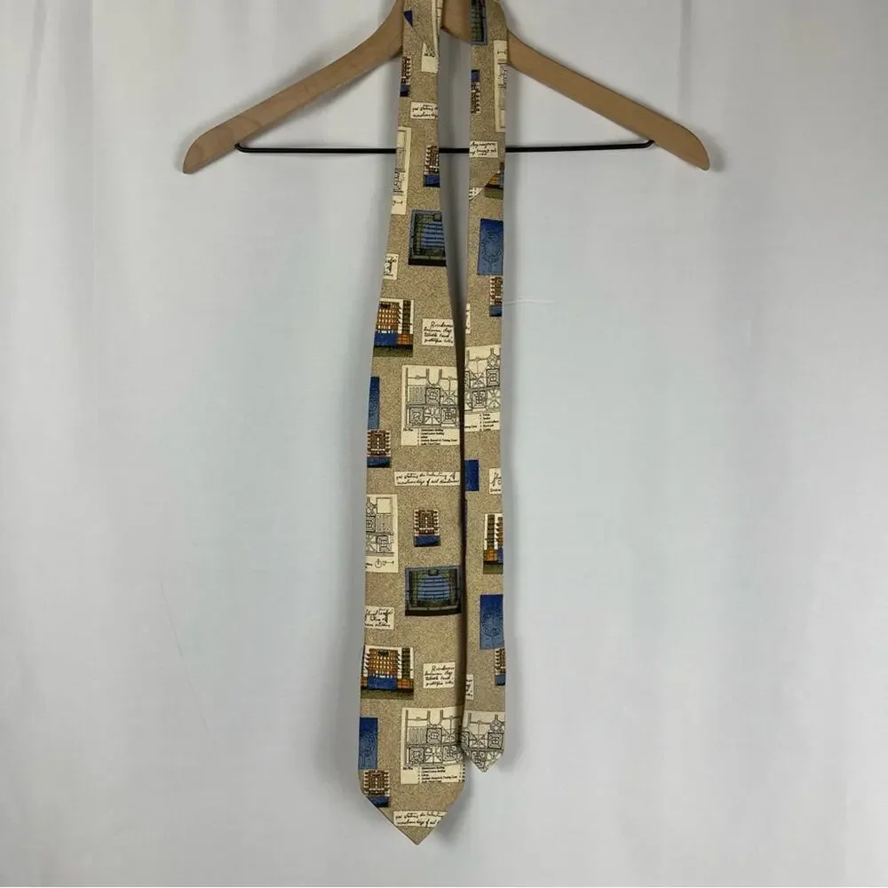 Architectural Print Silk Neck Tie City Planner Architect Tan Blue Structure